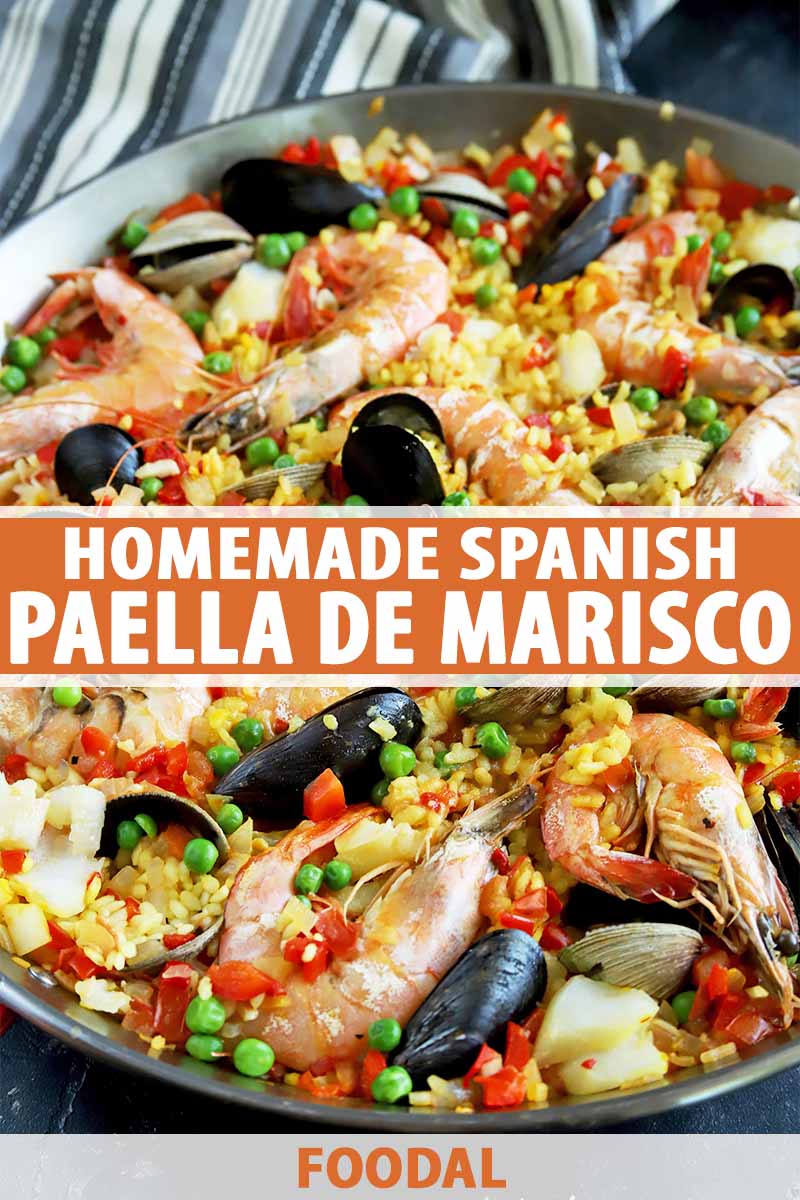 Vertical image of a large pan filled with paella, with text on the top and bottom of the image.