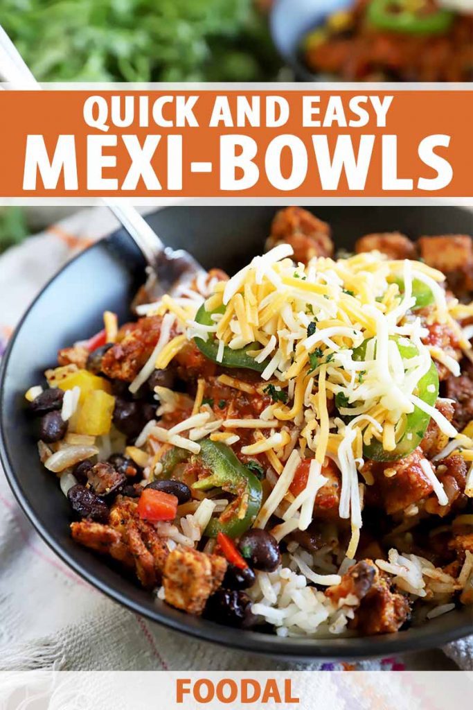 Vertical mage of a black bowl with a white rice base topped with spiced meat, vegetables, beans, jalapeno slices, and cheddar cheese, with text on the top and bottom of the image.
