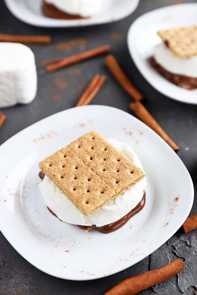 Vertical image of the top of a s'more on a white plate next to another white plate, cinnamon sticks, and marshmallows on a gray surface.