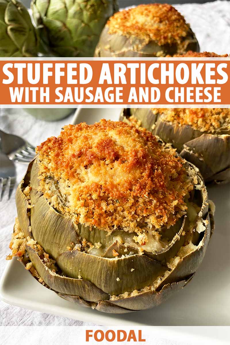 Vertical image of three stuffed artichokes with toasted breadcrumbs on a white plate, with text on the top and bottom of the image.