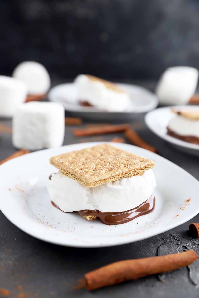 Vertical image of single s'mores on white plates on a gray surface scattered with marshmallows and cinnamon sticks.