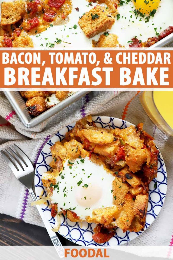 Vertical image of sunny-side-up eggs and toasted bread on a plate and in a baking dish on top of a towel next to a metal fork and a glass of orange juice, with text on the top and bottom of the image.