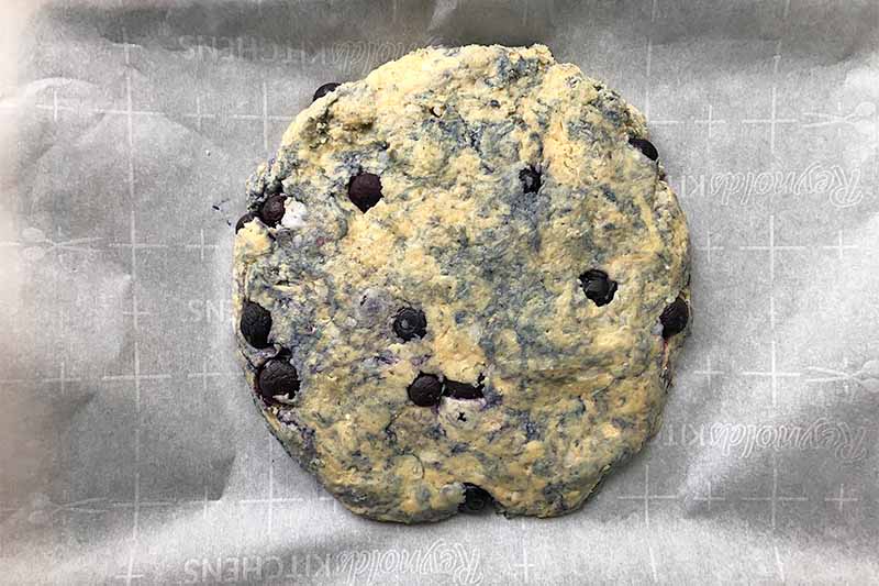 Horizontal image of a round dough speckled with fruit on a baking sheet lined with parchment paper.