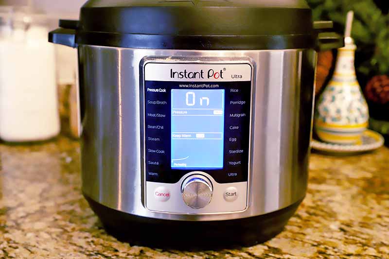 Horizontal image of an Instant Pot appliance on a brown marble counter.
