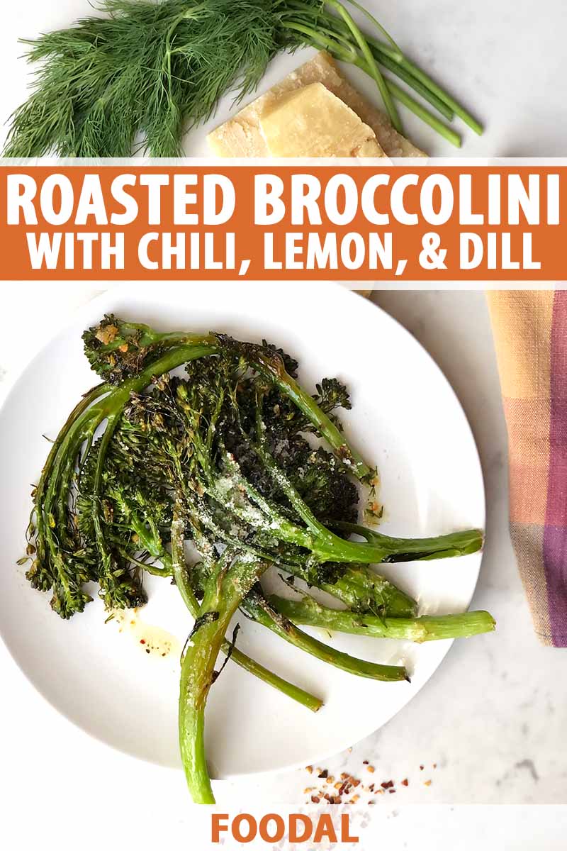 Vertical image of a white plate with cooked and seasoned greens next to fresh dill and a checkered towel, with text on the top and bottom of the image.
