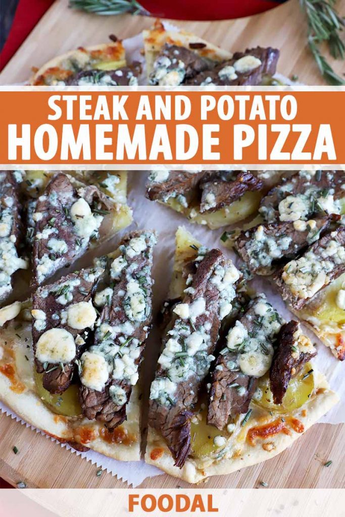 Vertical image of sliced steak pizza topped with blue cheese, with text on the top and bottom of the image.