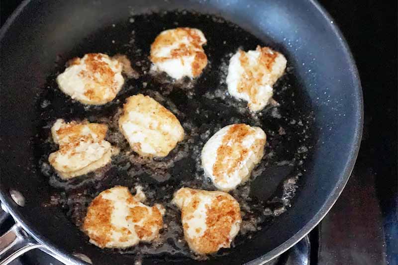 Horizontal image of frying breaded chevre slices in a pan with oil.