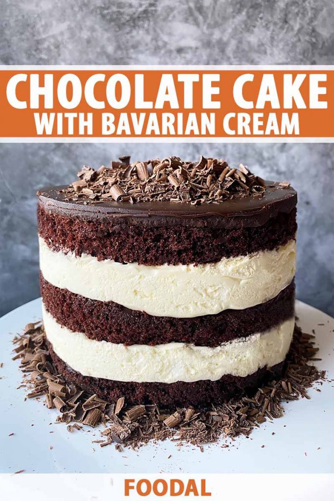 Vertical image of a whole layered chocolate cake with vanilla cream layers on a white cake stand, with text on the top and bottom of the image.