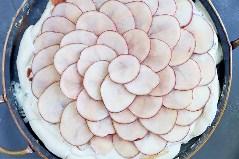 Horizontal image of an unbaked round flat dough topped with singled thinly sliced potatoes on a circular pan.