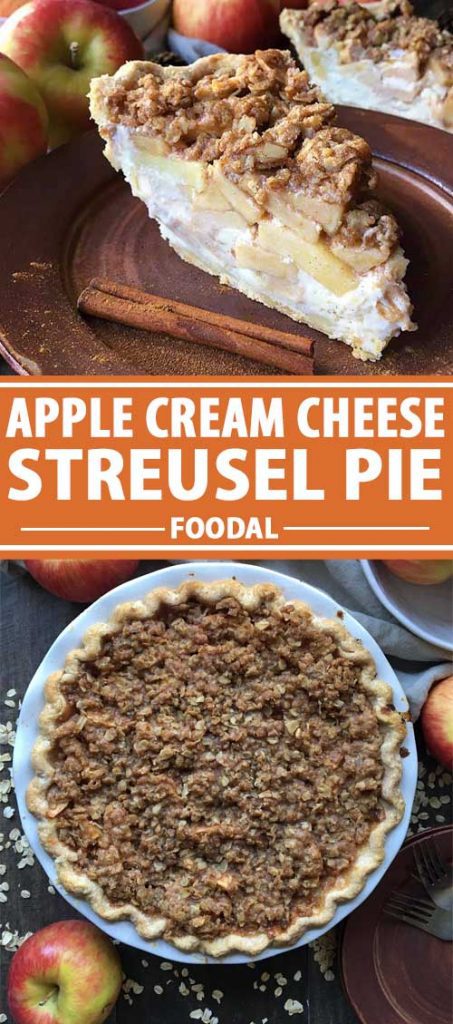 A collage of photos showing different views of Apple Cream Cheese Streusel Pie.