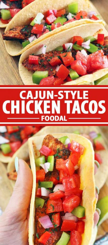 A vertical collage of two photos featuring chicken tacos with a garnish of chopped peppers and onions.