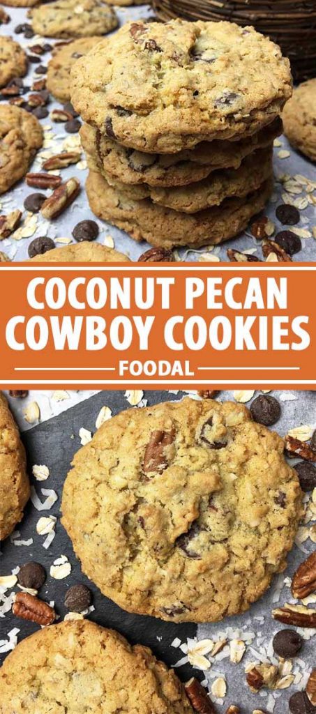 A collage of photos showing different views of a batch of coconut pecan cowboy cookies.