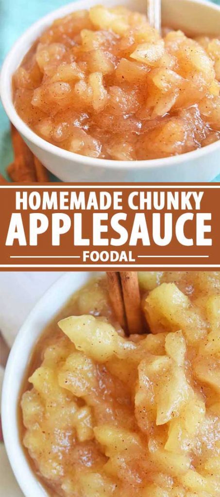 A collage of photos showing different views of an easy homemade chunky applesauce recipe.