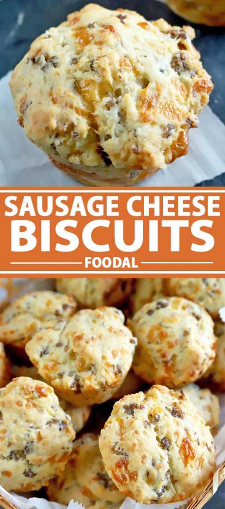 A collage of photos showing different views of homemade sausage cheese biscuits.