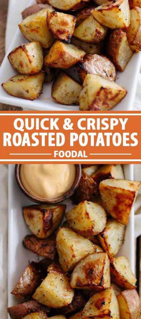 A collage of photos featuring roasted quartered potatoes on a white plate with a dipping sauce