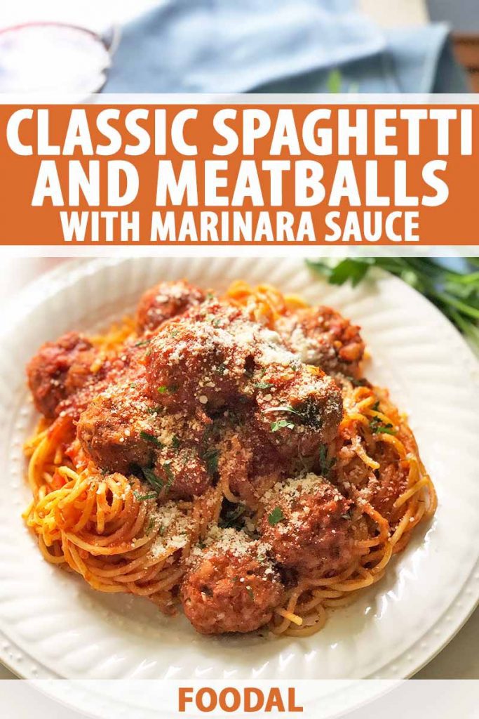 Vertical image of a white plate with spaghetti and meatballs in marinara with a garnish of grated cheese, with text on the top and bottom of the image.