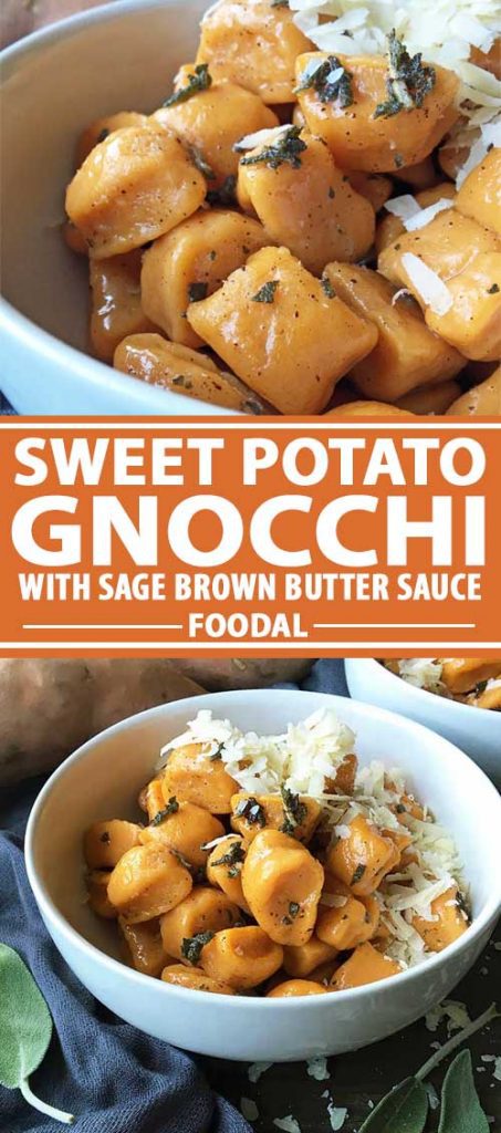 A collage of photos showing a dish made with sweet potato gnocchi.
