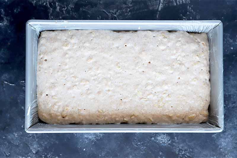 Horizontal image of a slightly risen whole grain dough in a rectangular metal pan.
