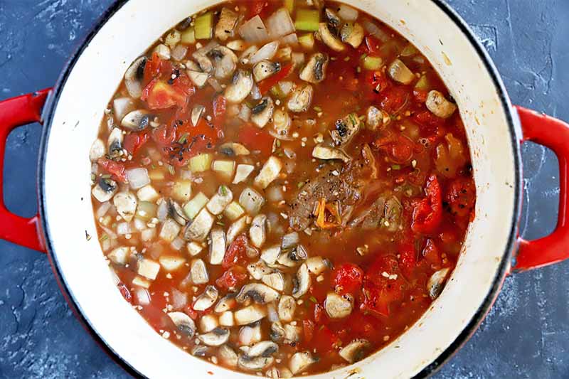 Horizontal image of a pot with a stewed mix of tomatoes, vegetables, and meat.