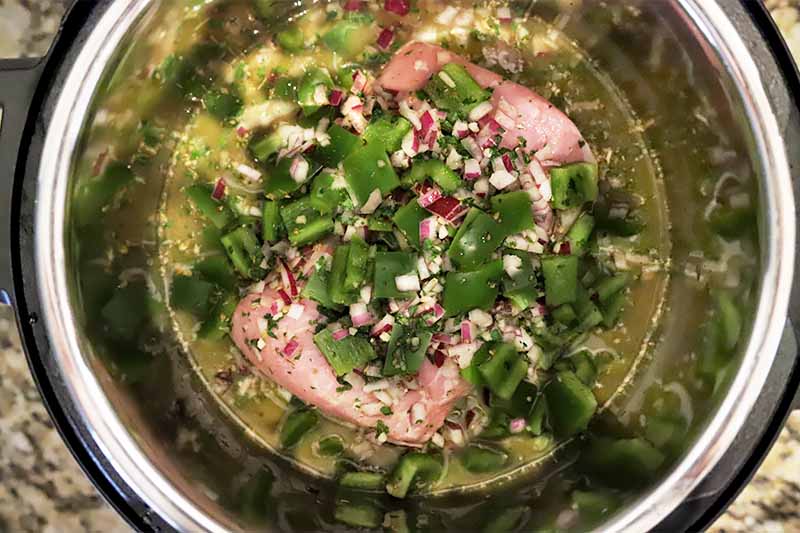 Horizontal image of a raw slab of meat in a bowl covered in various aromatics and chopped vegetables.