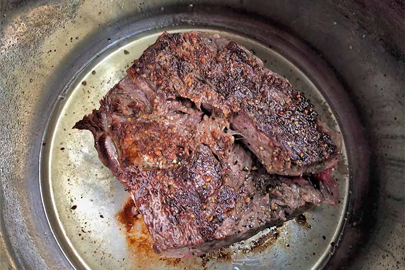 Horizontal image of a seared large piece of meat in a pan.