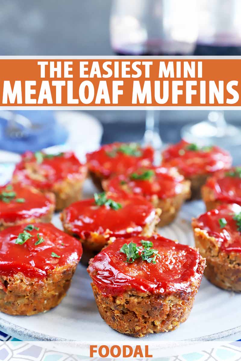 Vertical image of mini ground beef appetizers topped with a ketchup glaze and herbs on a plate, with text on the top and bottom of the image.