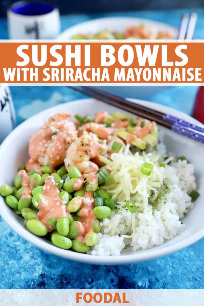 Vertical image of a bowl filled with rice, edamame, shrimp, and a mayonnaise sauce next to chopsticks on a blue table, with text on the top and bottom of the image.