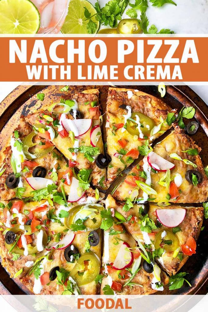 Vertical top-down image of a whole pizza with colorful assorted toppings on a round sheet pan, with text on the top and bottom of the image.