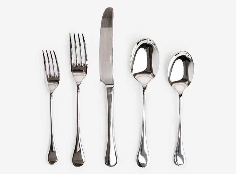 Horizontal image of two sizes of forks, two sizes of spoons, and a dinner knife.