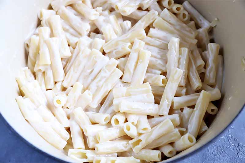 Horizontal image of pasta in a creamy white sauce.