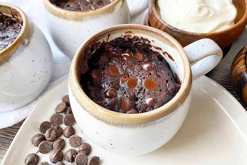 Horizontal image of a chocolate dessert baked in cups next to a bowl of whipped cream.