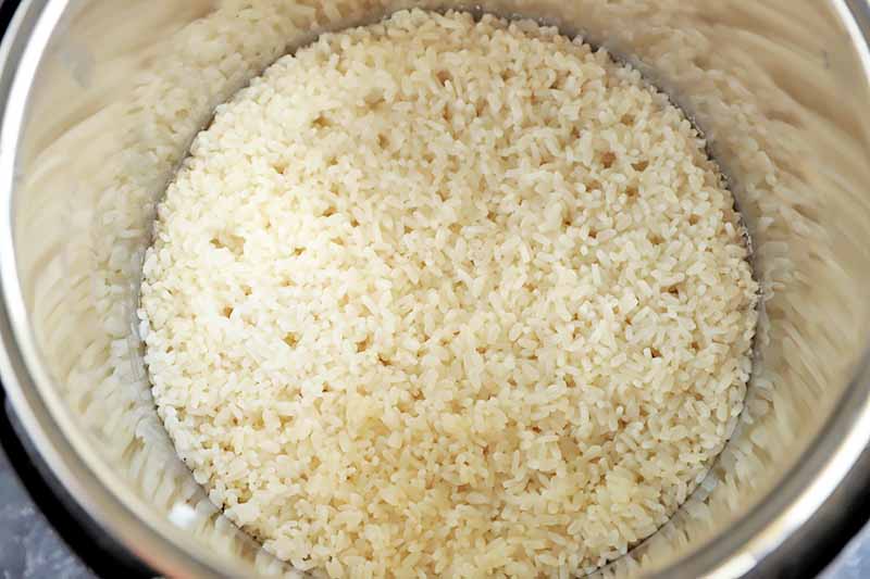 Horizontal image of cooked, un-fluffed white grains in a pot.