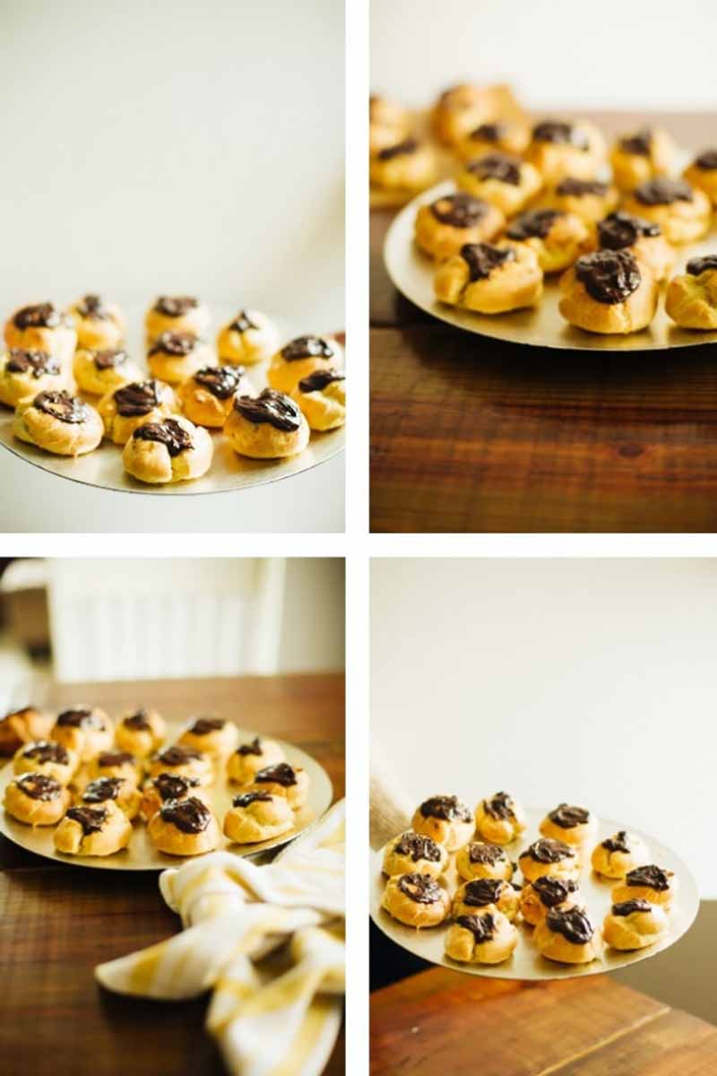 Vertical image of a series of four images of serving platters of cream puffs.