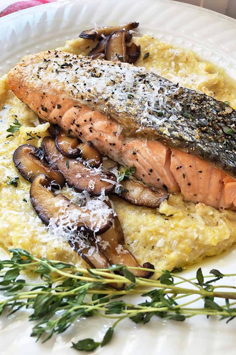 Broiled Salmon with Shiitakes and Parmesan Grits Recipe | Foodal