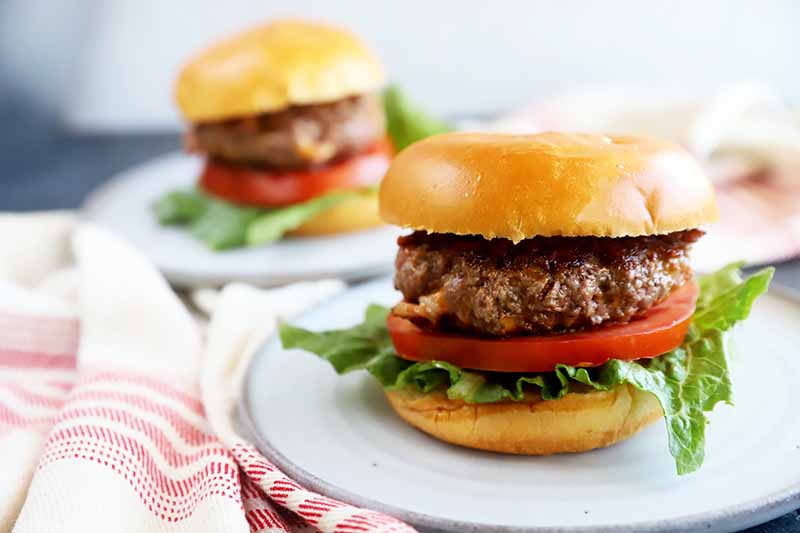 Horizontal image of two burgers on white plates on top of a red-striped towel.