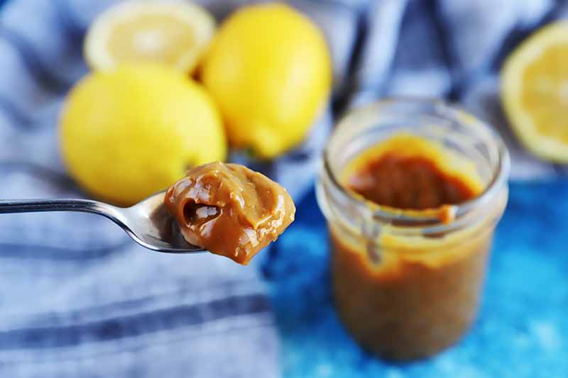 Horizontal image of a spoon holding some thick and dark lemon curd next to a glass jar and whole lemons on a blue towel.