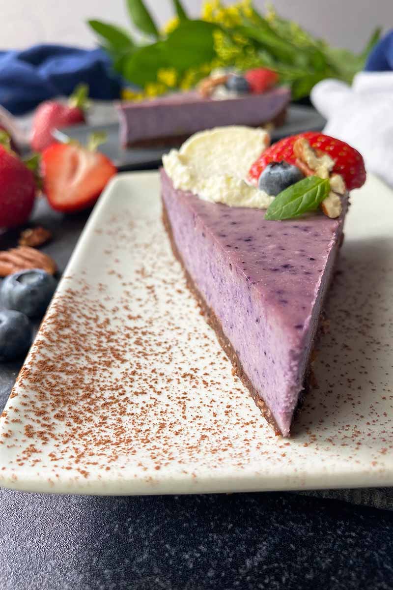 Vertical close-up image of a slice of a purple dessert topped with whipped cream and fruit on a white plate dusted with cocoa powder.