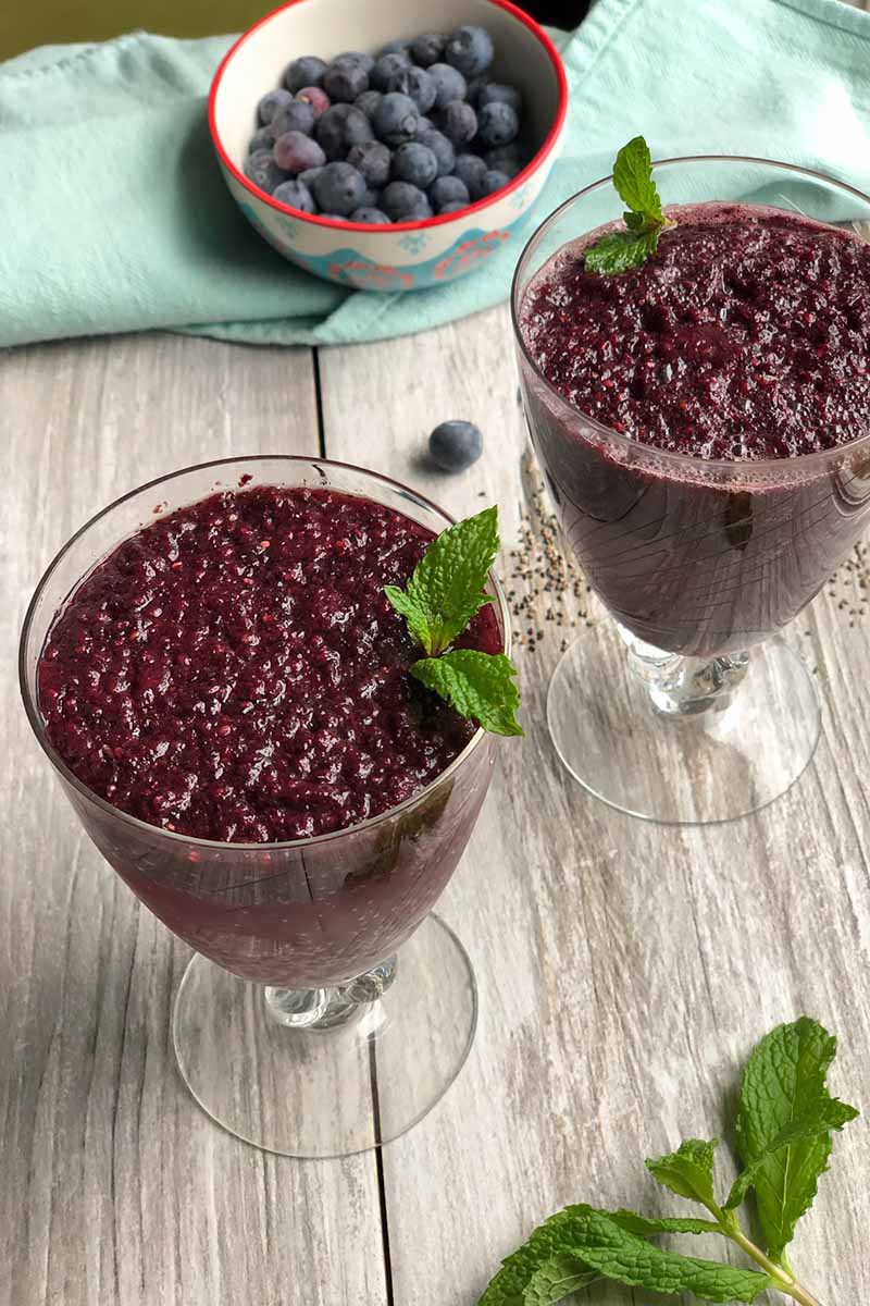 Vertical image of two glasses filled with a thick, dark purple drink garnished with mint leaves.