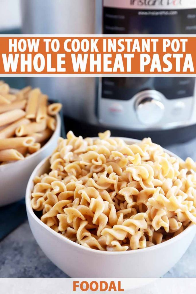 Vertical image of white bowls filled with cooked penne and corkscrews, with text on the top and bottom of the image.