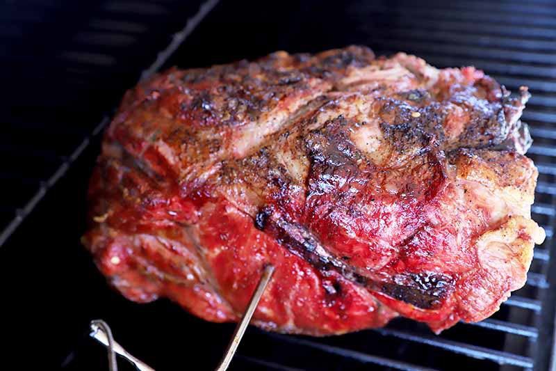 Horizontal image of a large chunk of cooked and scored meat on a grill held by a stake.