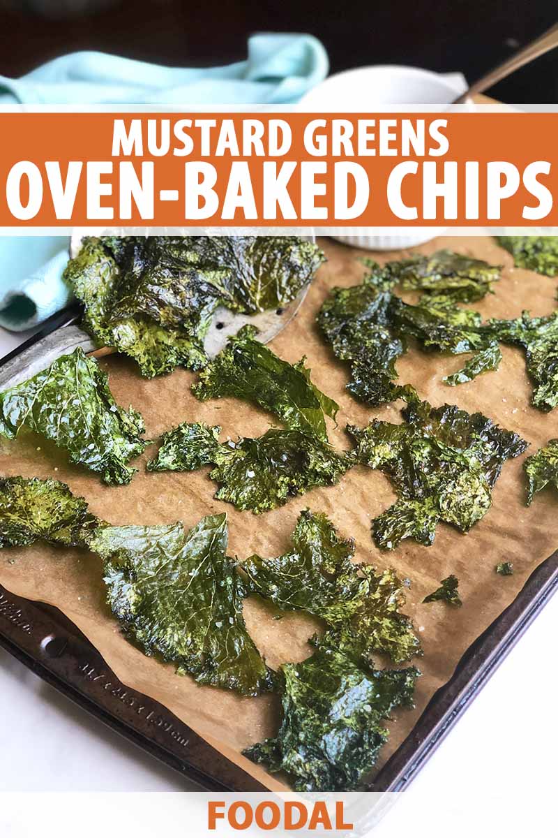 Vertical image of a paper lined sheet pan with baked green leaves, with text on the top and bottom of the image.