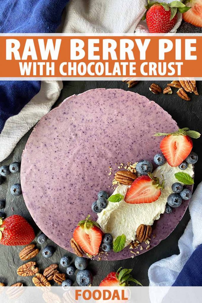 Vertical top-down image of a purple round dessert garnished with assorted fruit and whipped cream, with text on the top and bottom of the image.