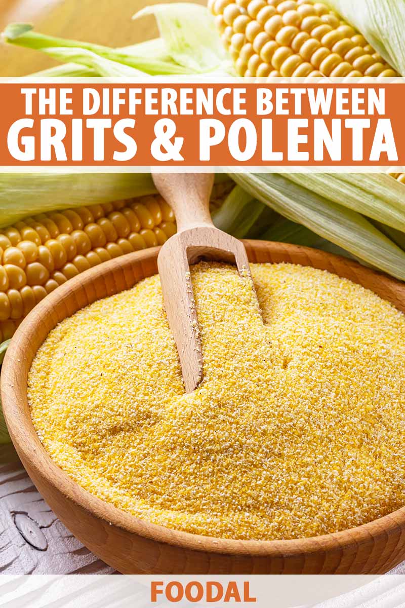 Vertical image of a wooden bowl filled with cornmeal next to whole corn in the back, with text on the top and bottom of the image.