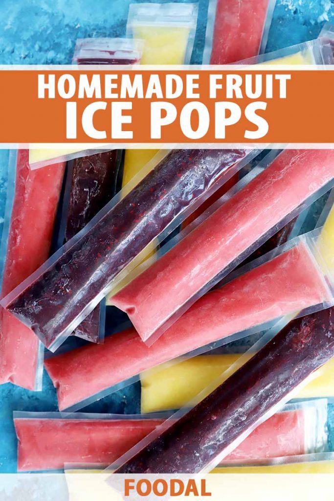 Vertical image of a pile of assorted colored frozen sticks, with text on the top and bottom of the image.