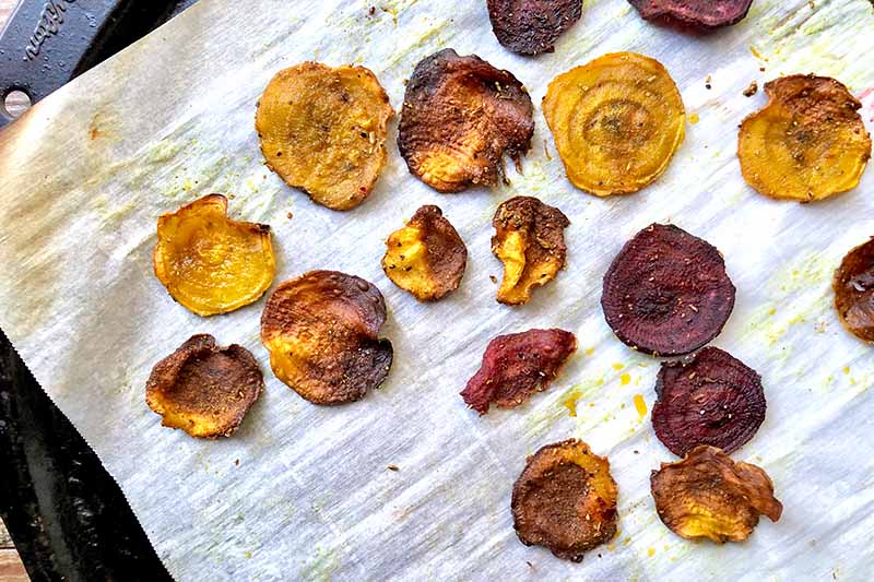 Horizontal image of baked beet chips on a baking sheet lined with paper.