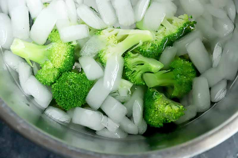 Horizontal image of shocking cooked green vegetables in a bowl of ice water.
