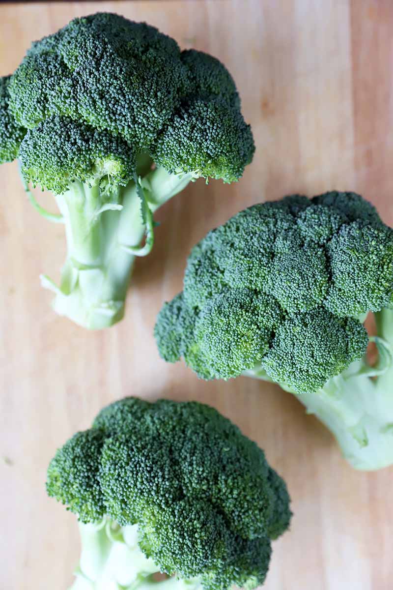 Vertical image of whole broccoli on a wooden cutting board.