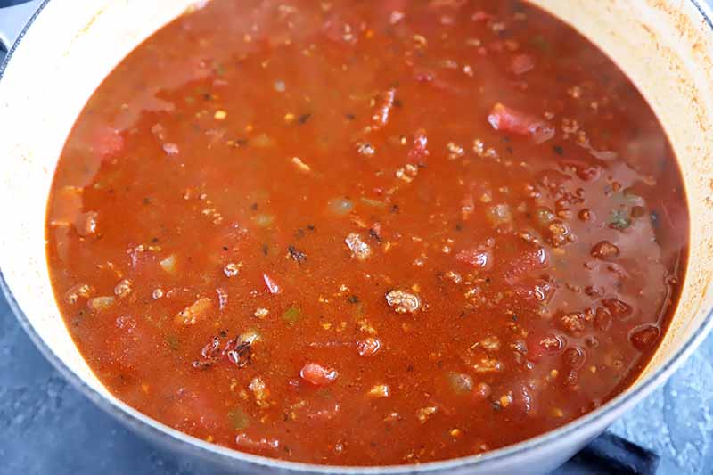 Horizontal image of a tomato stew in a pot.