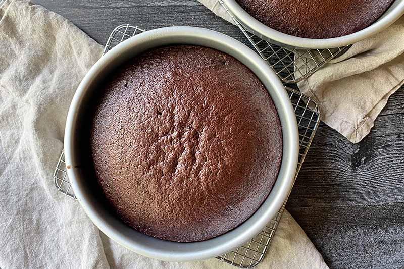 Horizontal image of baked cocoa dessert still in the pans.