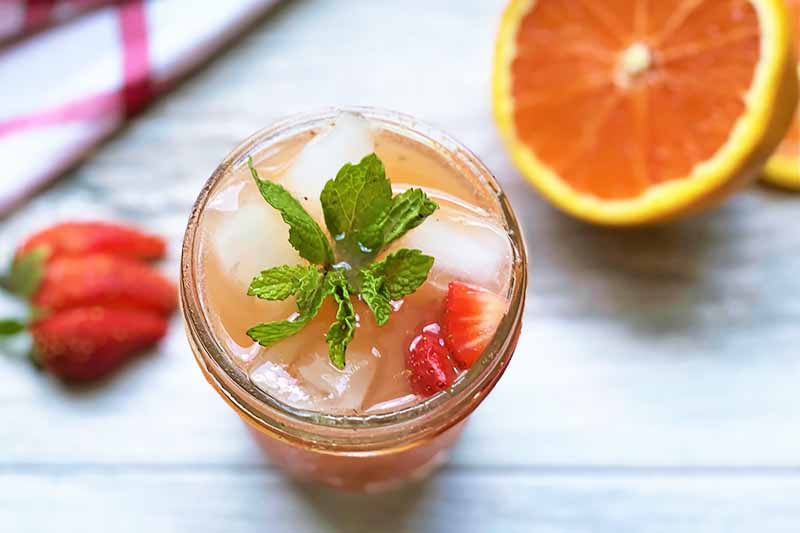 Horizontal image of a drink garnished with ice cubes, fresh fruit slices, and mint leaves.